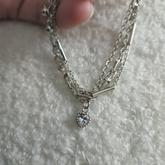 Jewelry - Layered Anklet Silver Heart Charm Set - 4 Dainty Chains with Mixed Link Styles